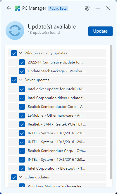 Microsoft PC Manager - Windows Updates showing